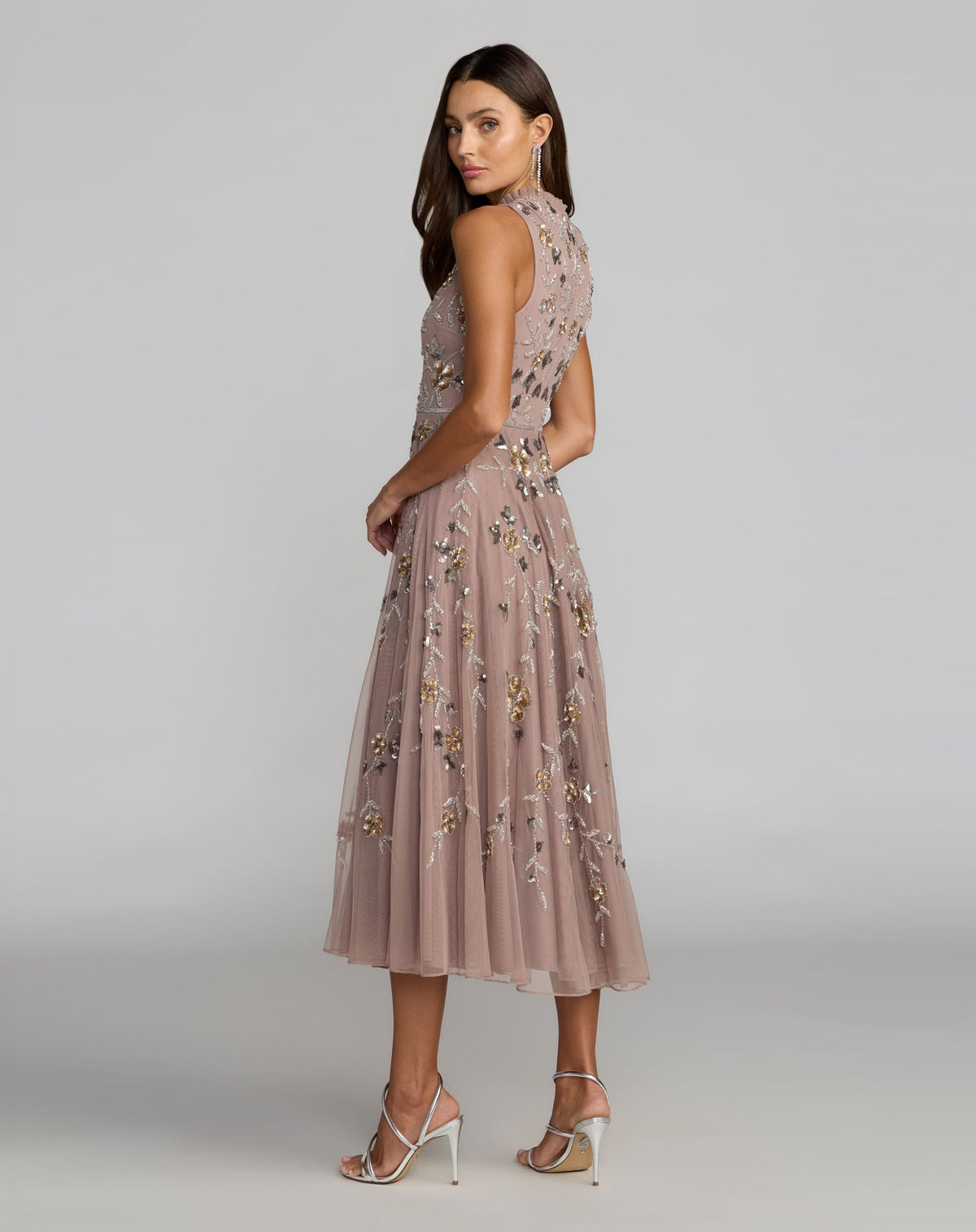 Pink Embellished High Neck Sleeveless Midi Dress