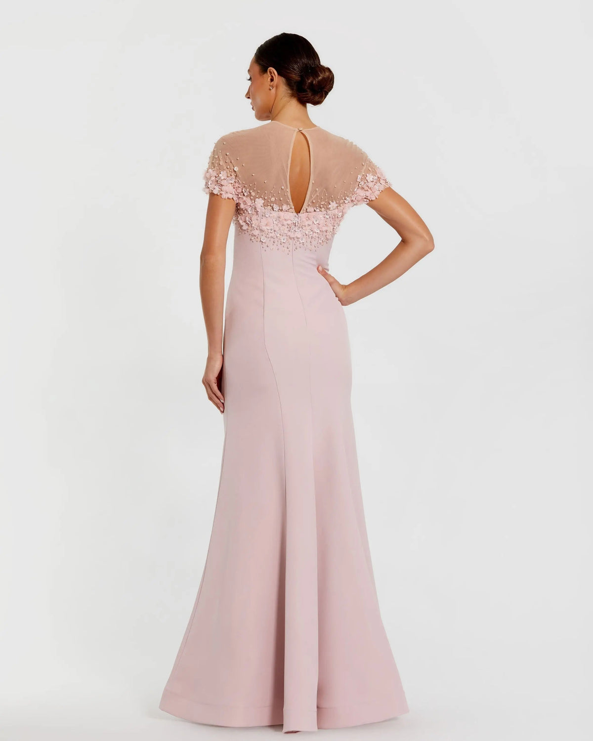 Pink Crepe Mermaid Gown With Beaded Illusion Neck