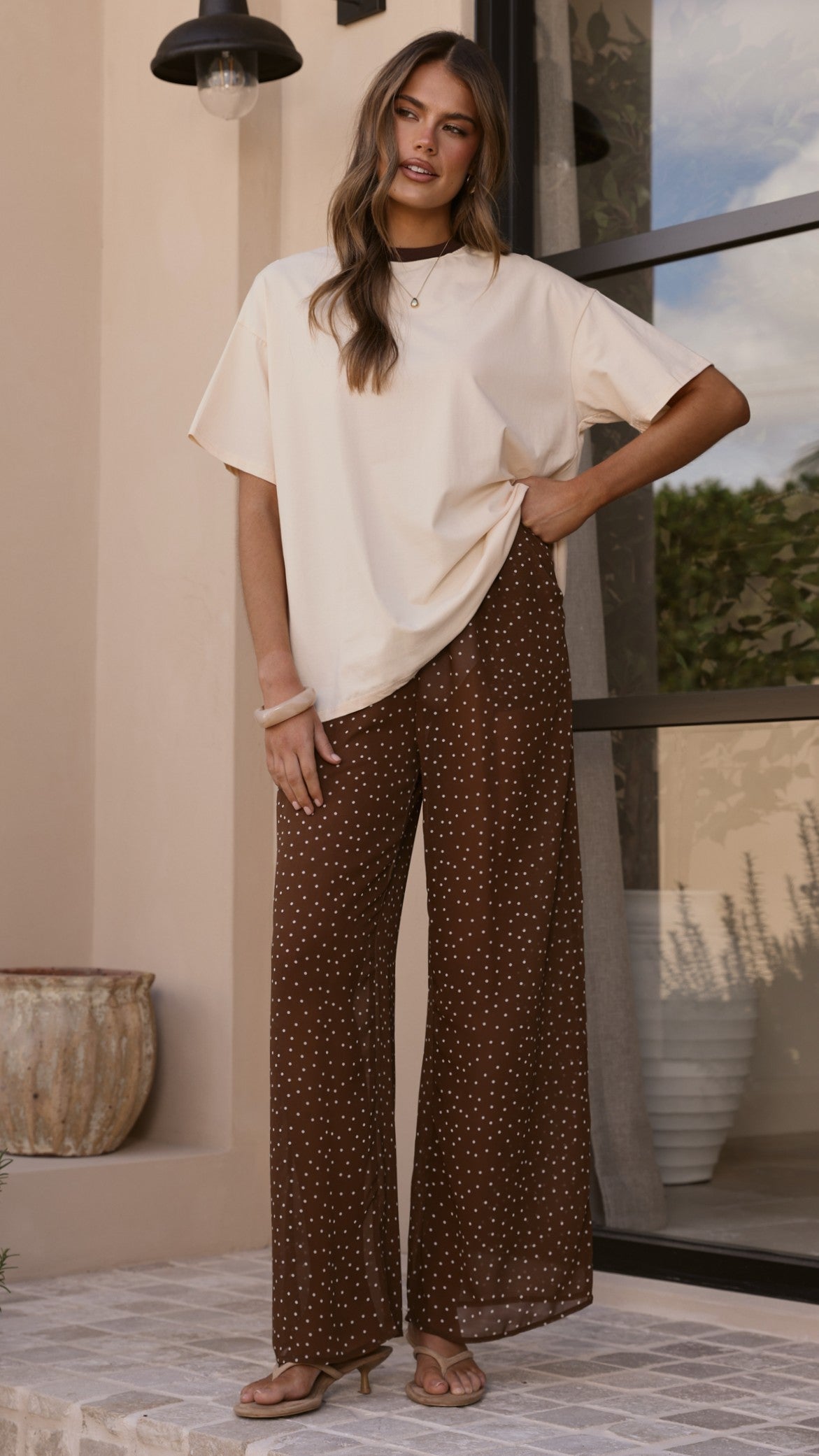 Zavier Oversized T-Shirt and Polka Dot Pants Set - Beige/Chocolate