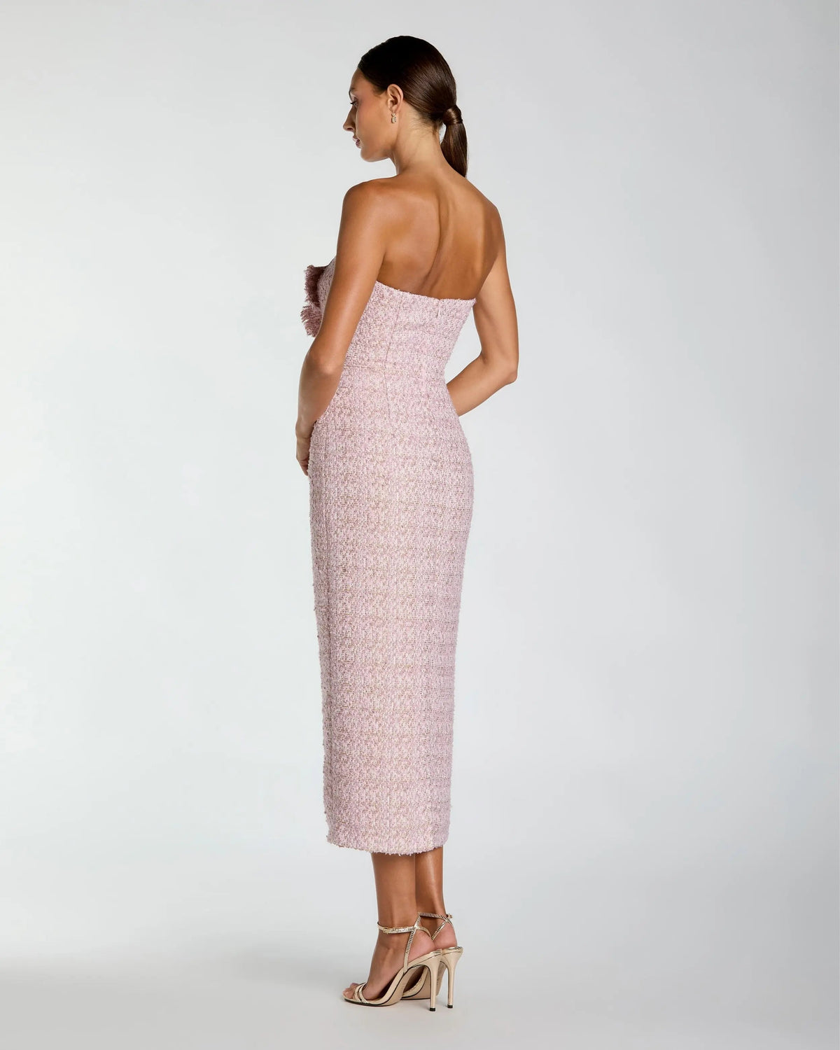 Pink Strapless Boucle Midi Dress With 3D Flower