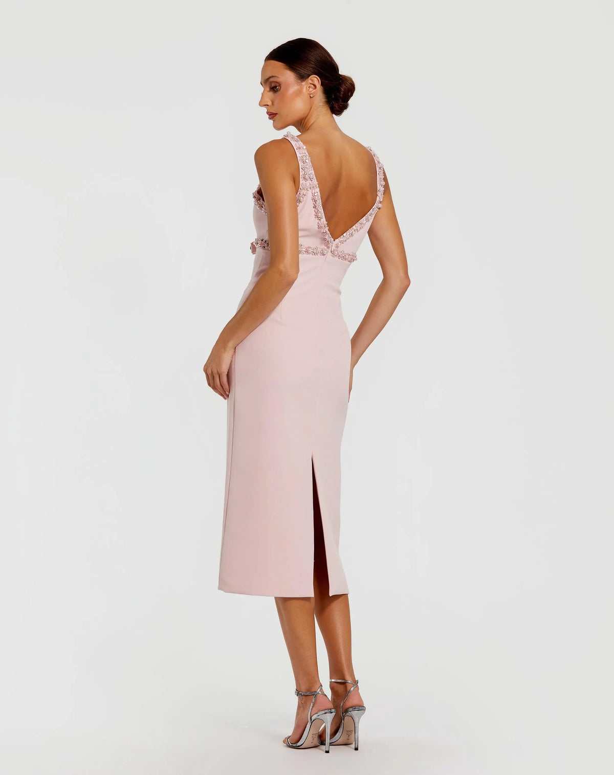 Pink Crepe Fitted Midi Dress With Bow And Beaded Trim