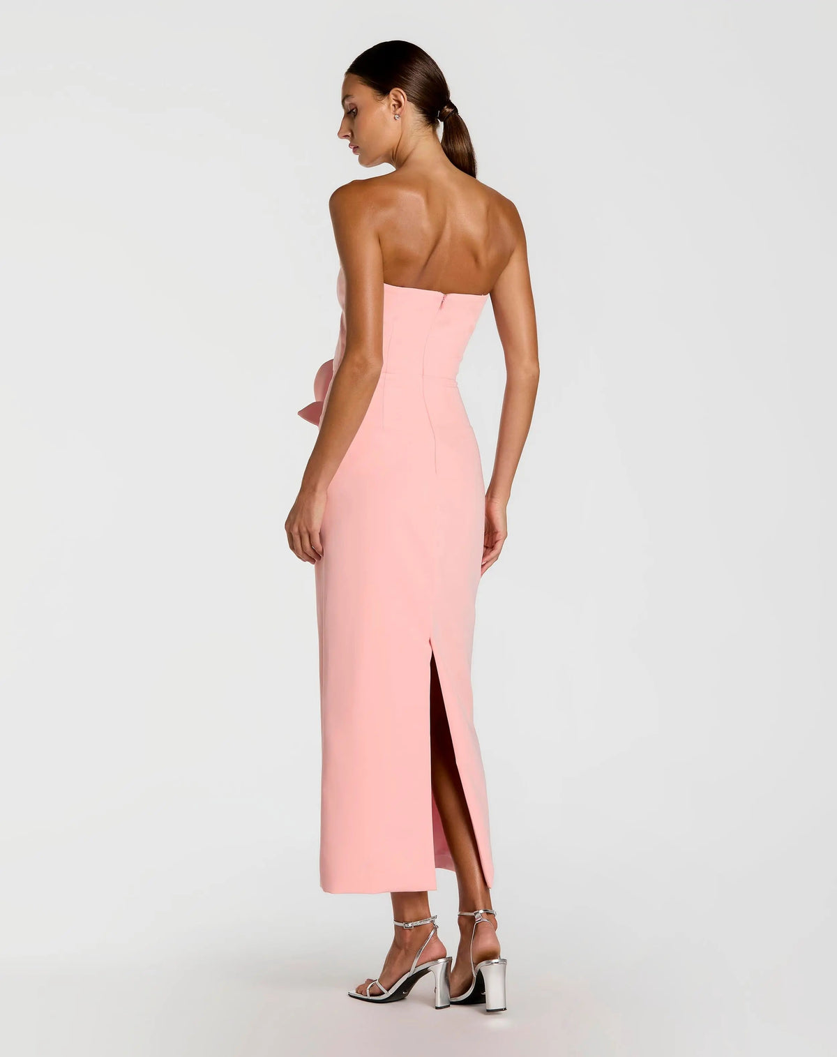 Pink Strapless Crepe Dress With 3D Satin Flowers