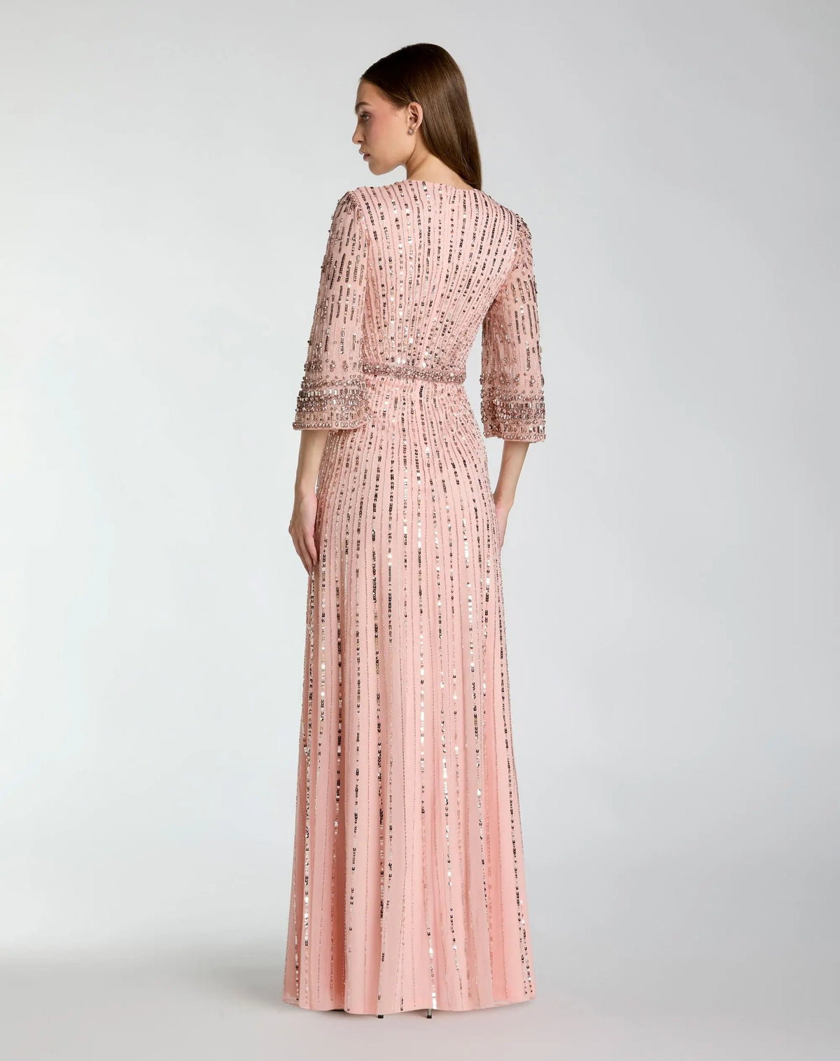 Pink High Neck Embellished Gown With 3/4 Sleeves