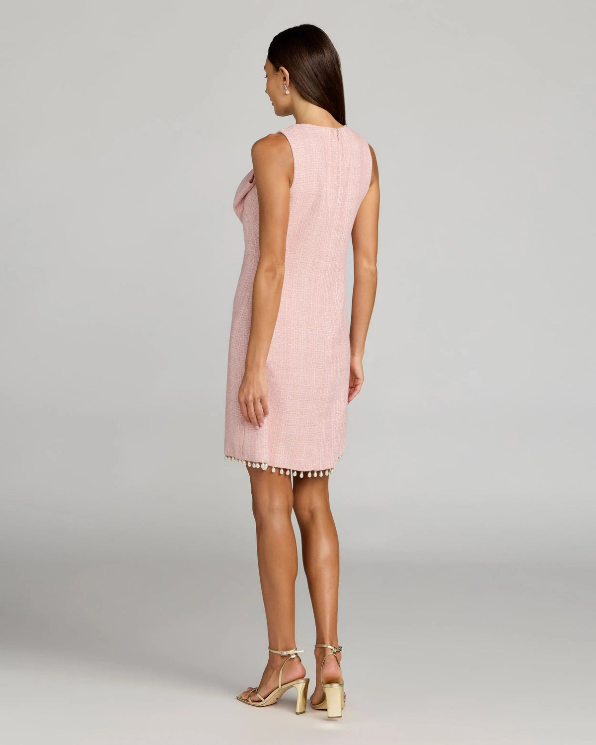Pink Boucle Pearl Mini Dress With Bow
