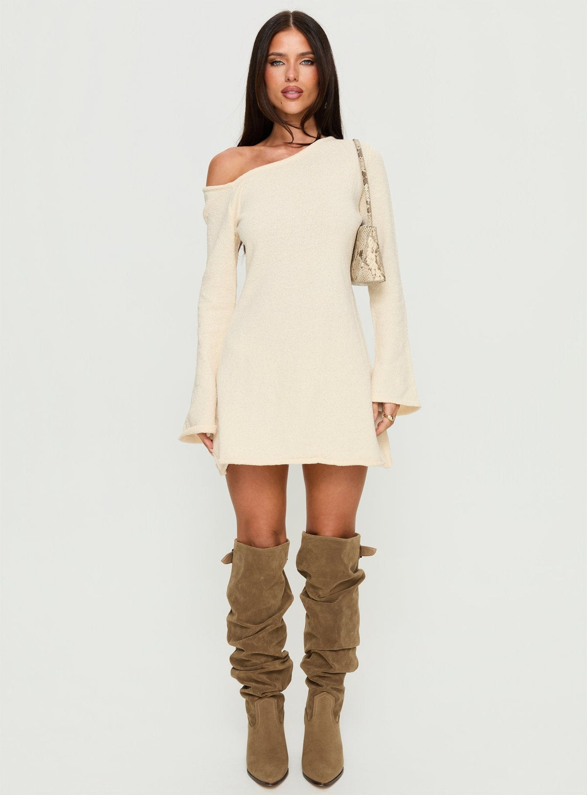 Jaede Off Shoulder Knit Mini Dress Cream