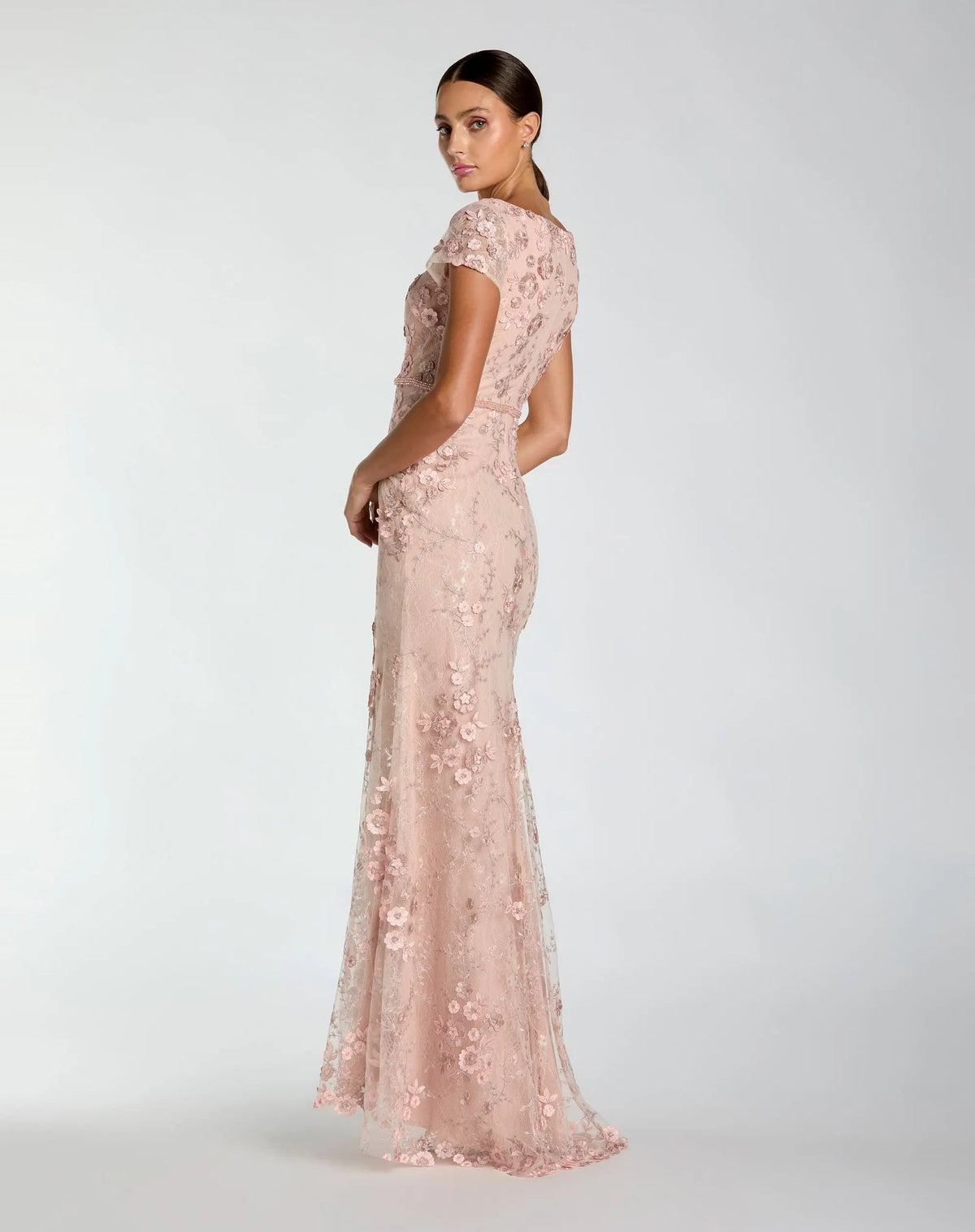 Pink Floral Applique Boat Neck Cap Sleeve Gown