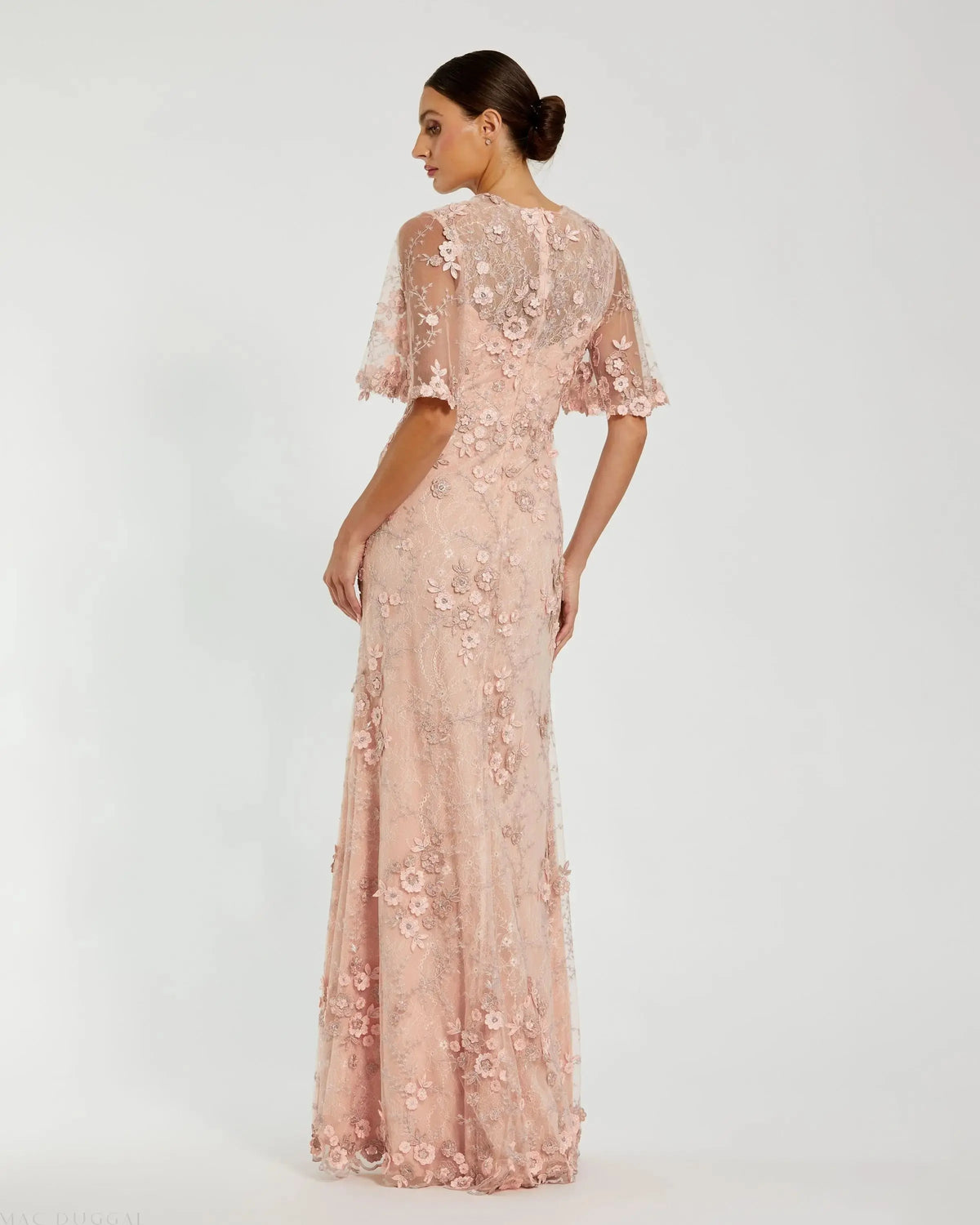 Petite Pink Flutter Sleeve Floral Embroidered Net Gown