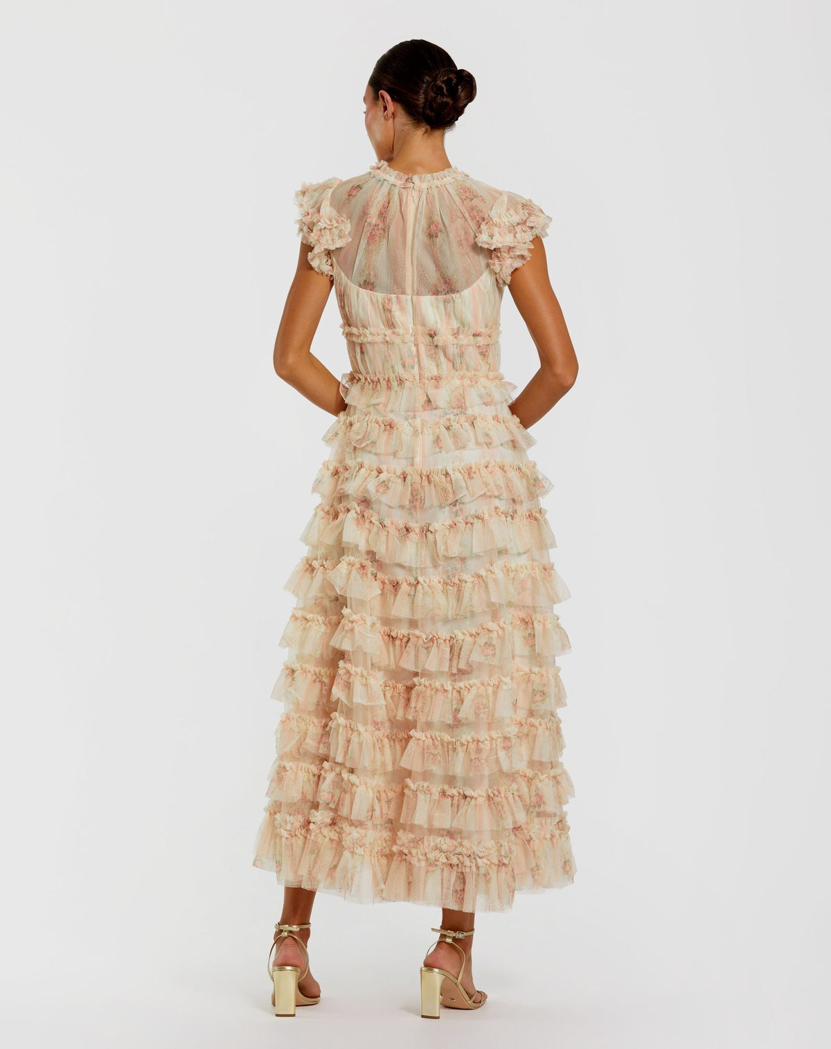 Pink Cap Sleeve Micro Ruffle Floral Midi Dress