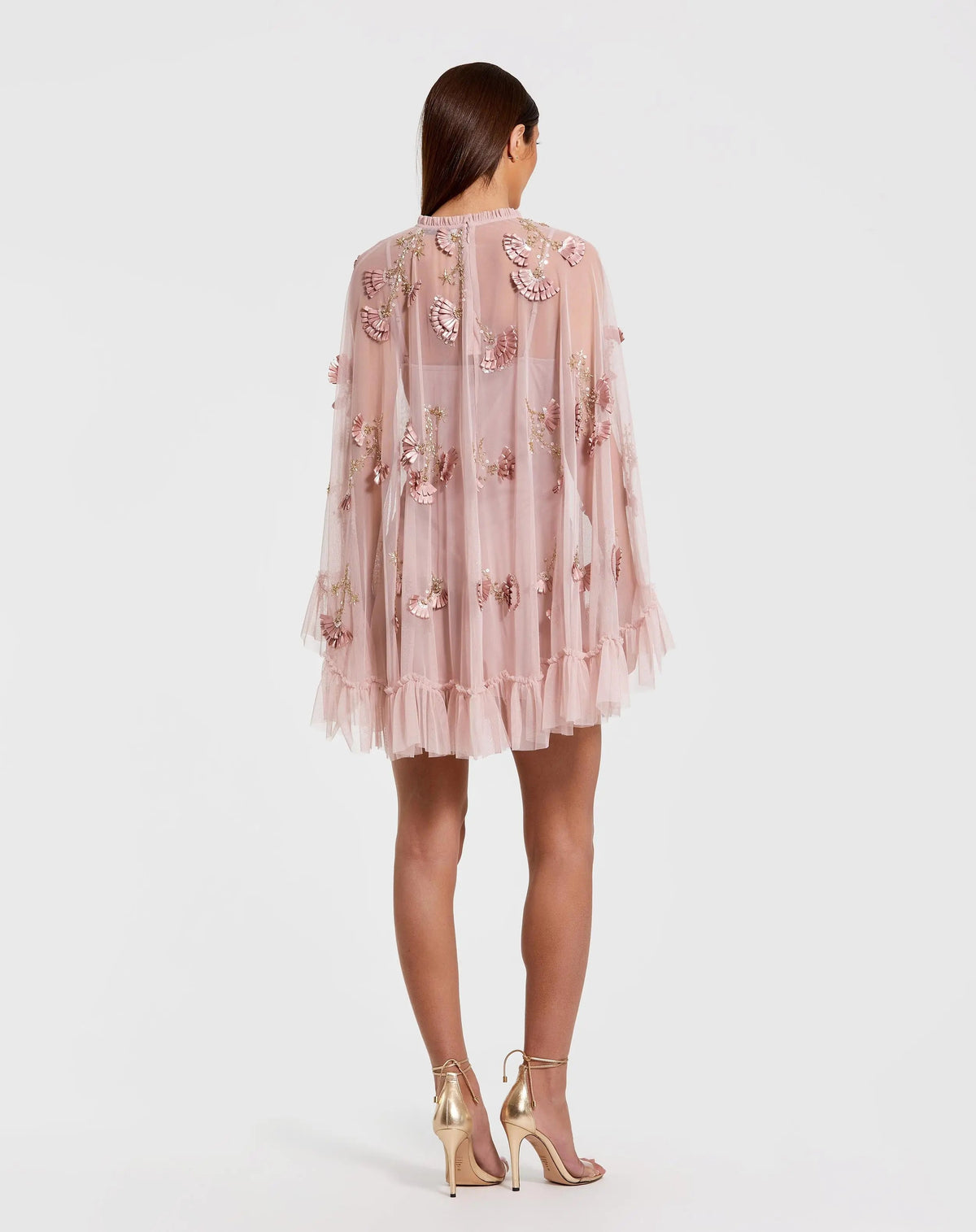 Pink Embellished Long Sleeve Trapeze Dress with Ruffle Hem