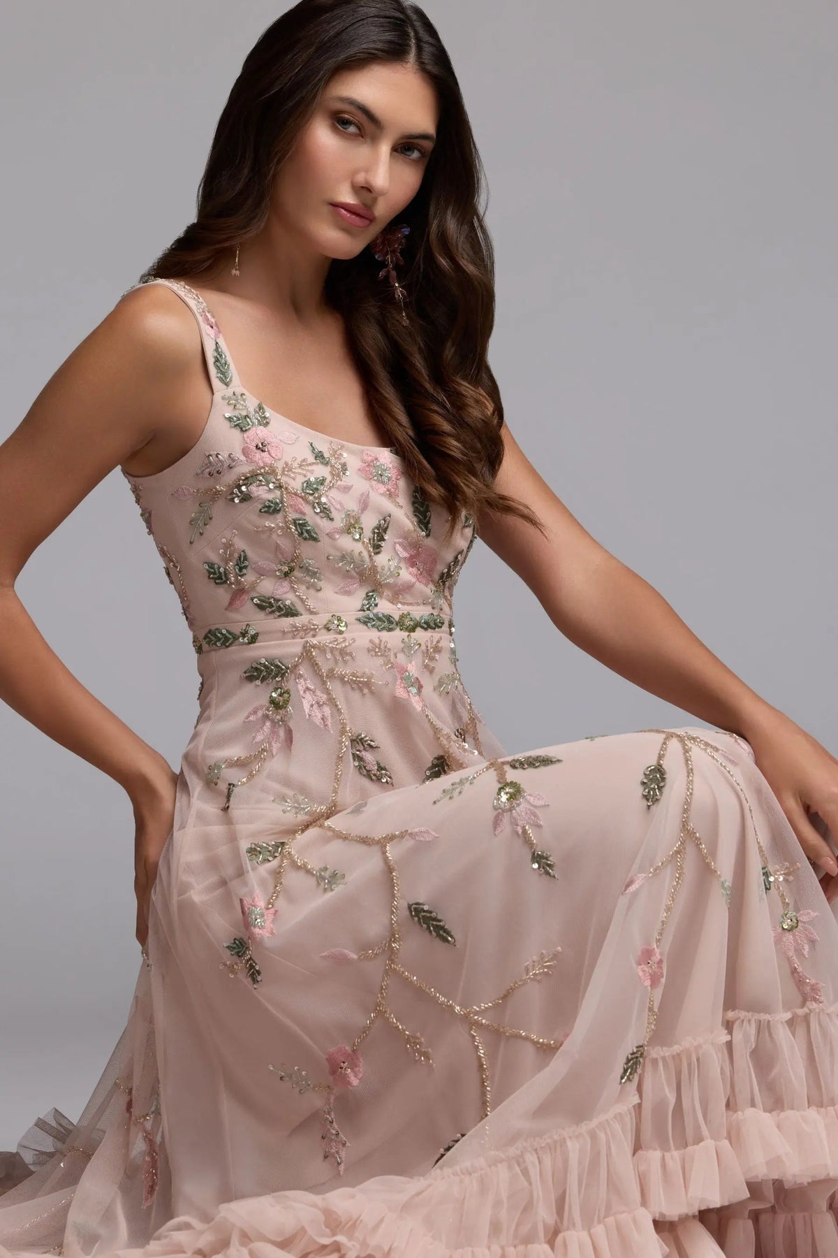 Pink Ruffle Midi Dress with Floral Embroidery