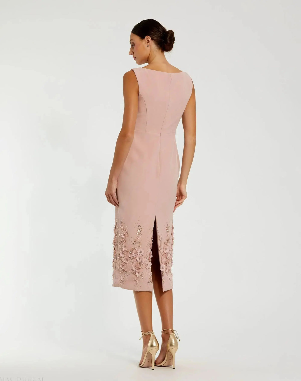 Petite Pink Crepe Sleeveless Midi Dress With Flower Beading