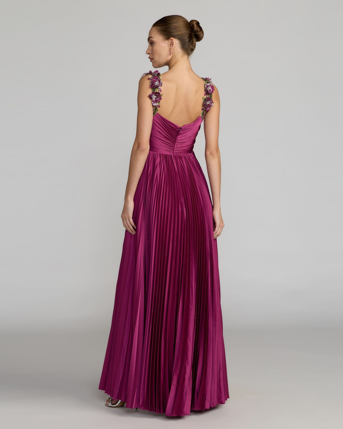 Petite Purple Pleated High Low Gown With 3D Floral Straps