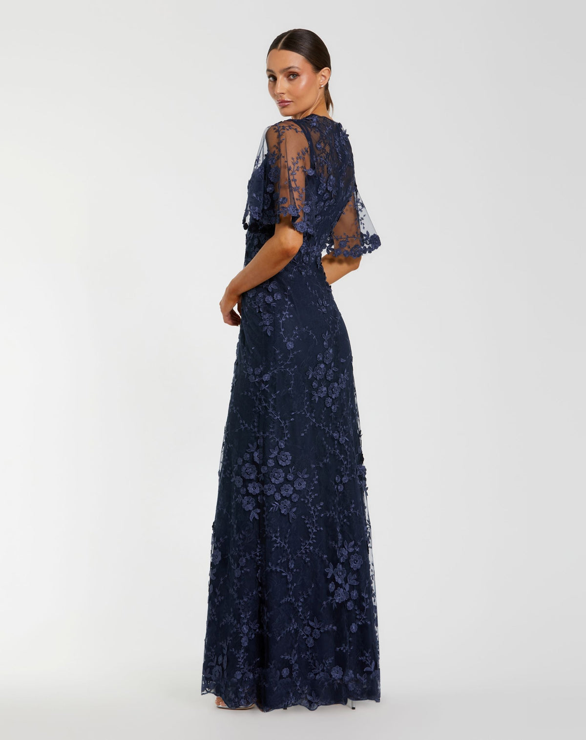 Petite Navy Flutter Sleeve Floral Embroidered Net Gown