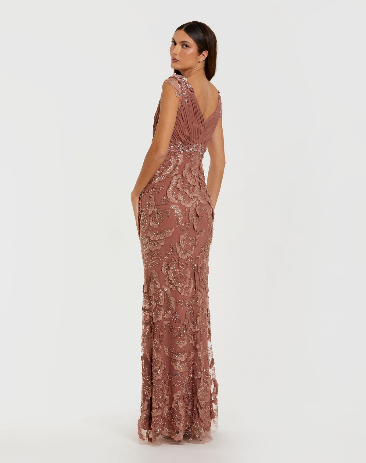 Petite Pink Floral Beaded Chiffon V-Neck Evening Gown