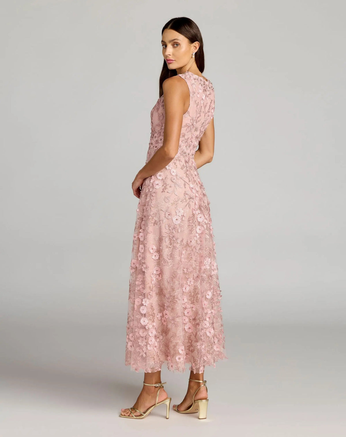 Petite Pink Floral Embroidered High Neck Midi Dress