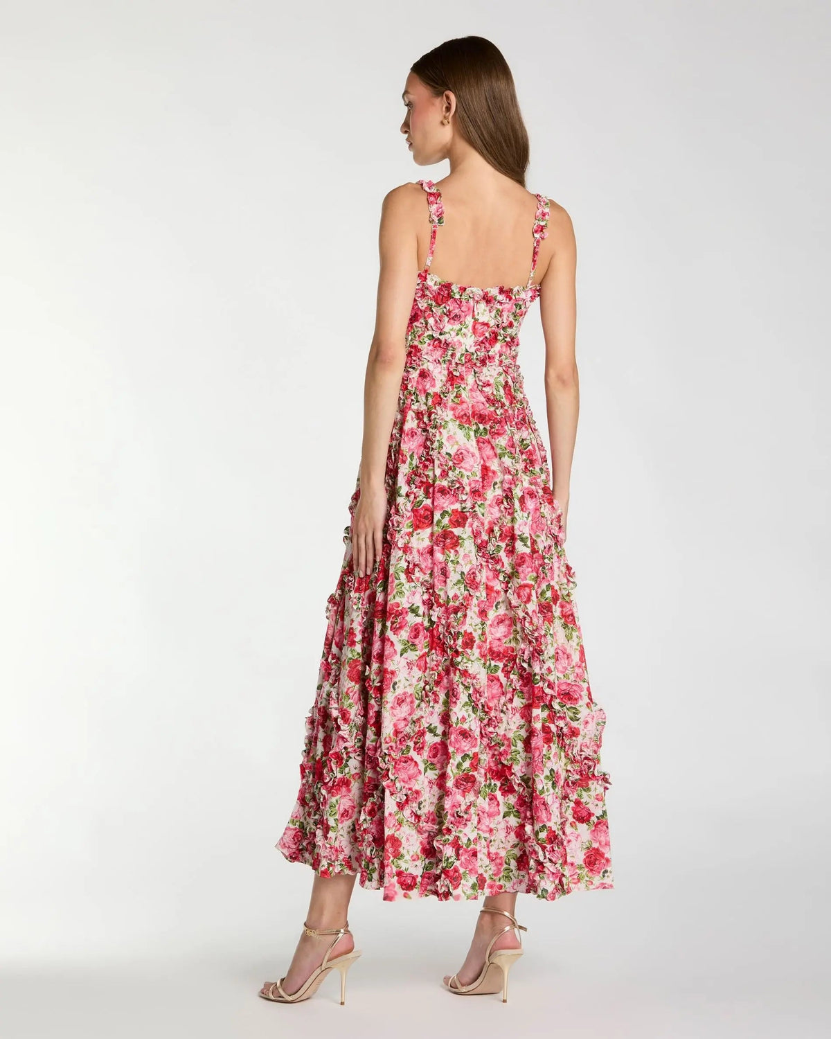 Petite Pink Ruffle Scoop Neck Floral A-Line Dress