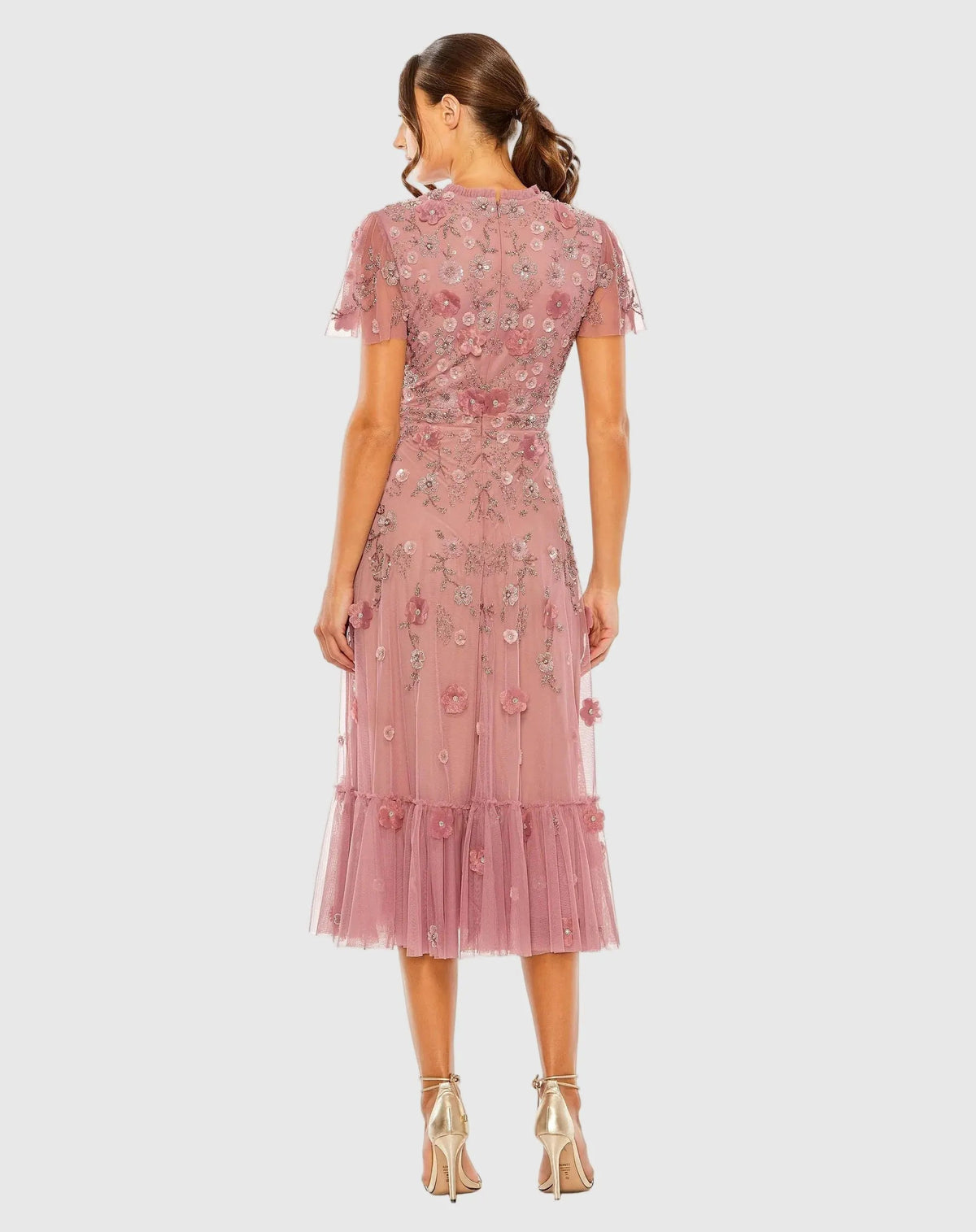 Petite Pink Embellished High Neck Flutter Sleeve A Line Dress