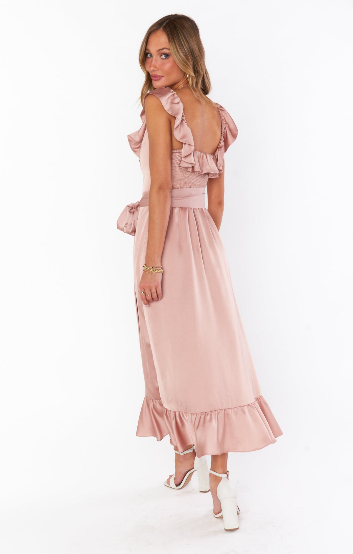 Alexis Midi Dress ~ Rose Gold Luxe Satin