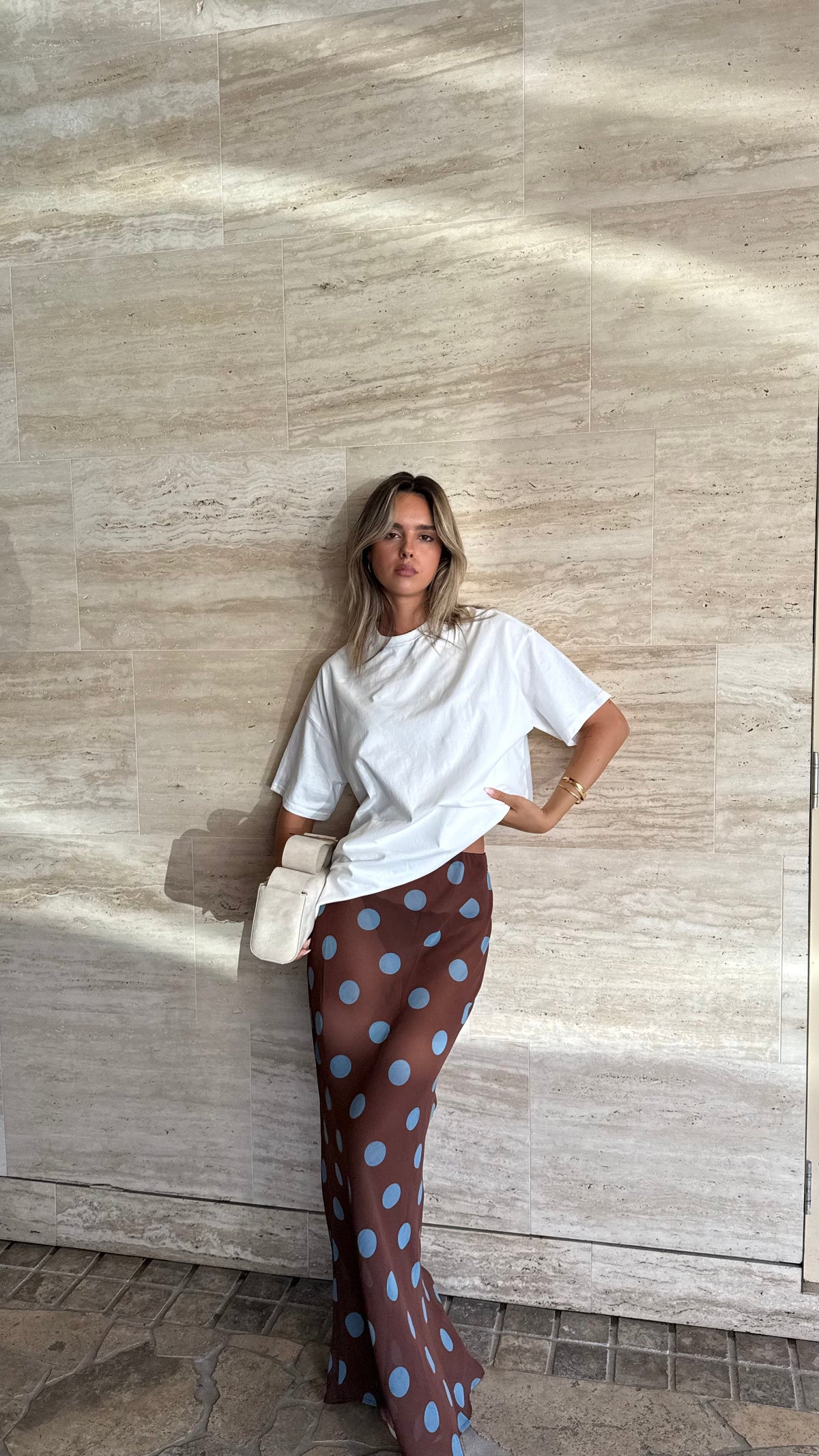 Yumi Oversized Tee and Sheer Skirt Set - White/Brown/Blue Polka