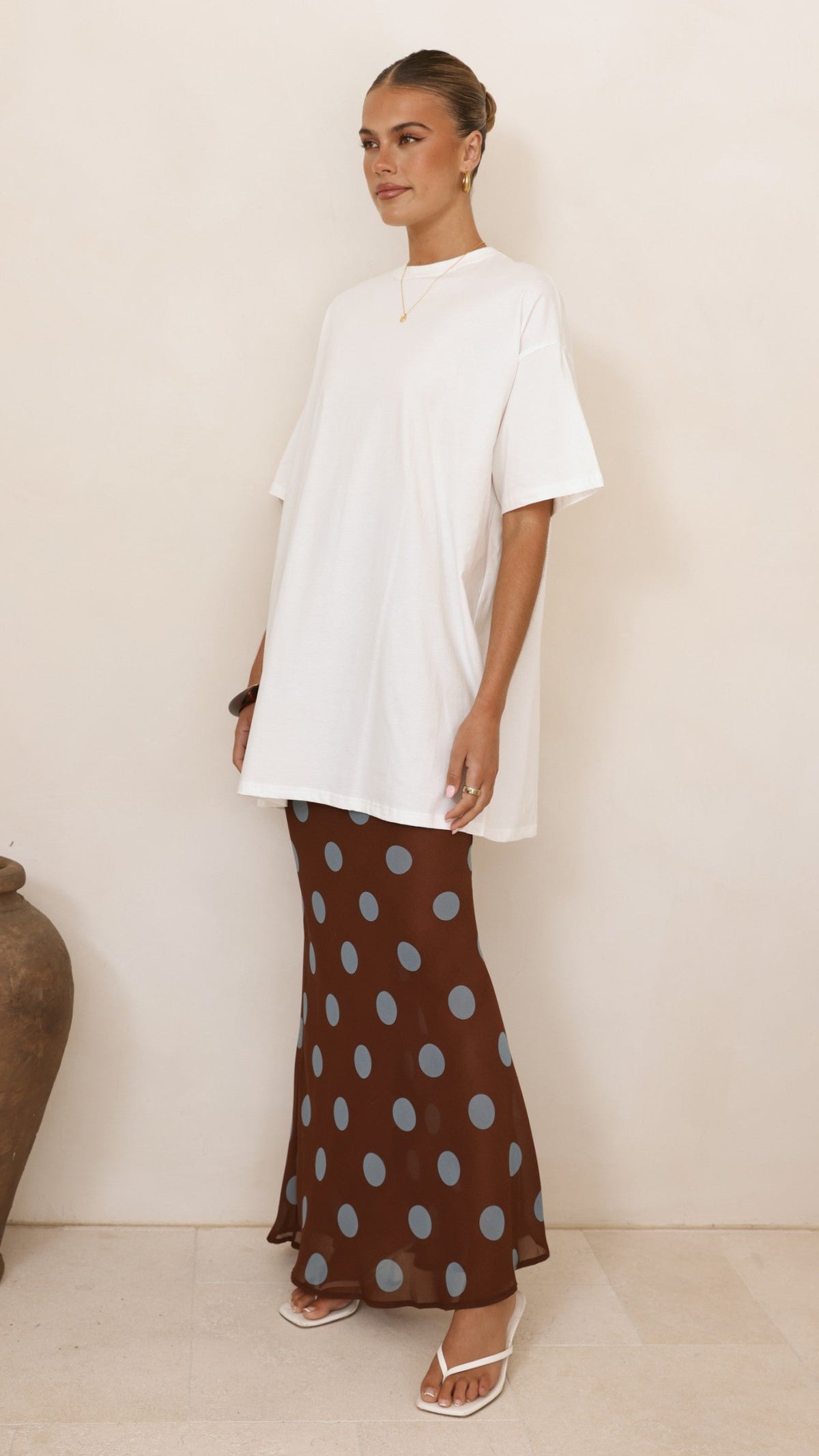 Yumi Oversized Tee and  Sheer Skirt Set - White/Brown/Blue Polka