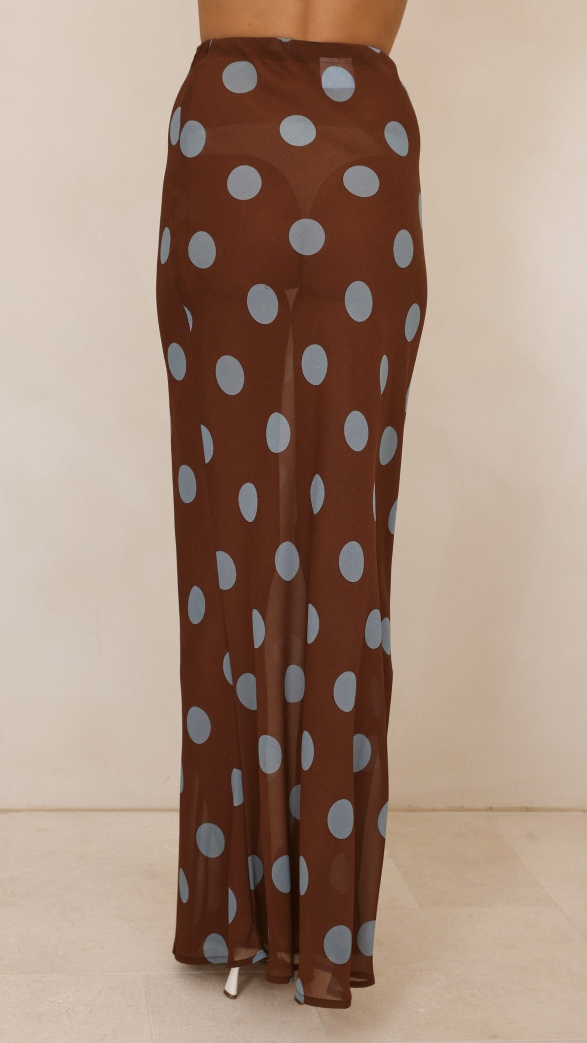 Yumi Oversized Tee and  Sheer Skirt Set - White/Brown/Blue Polka
