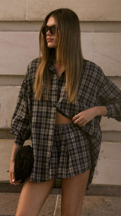 Arli Button Up Shirt - Black/Beige Plaid