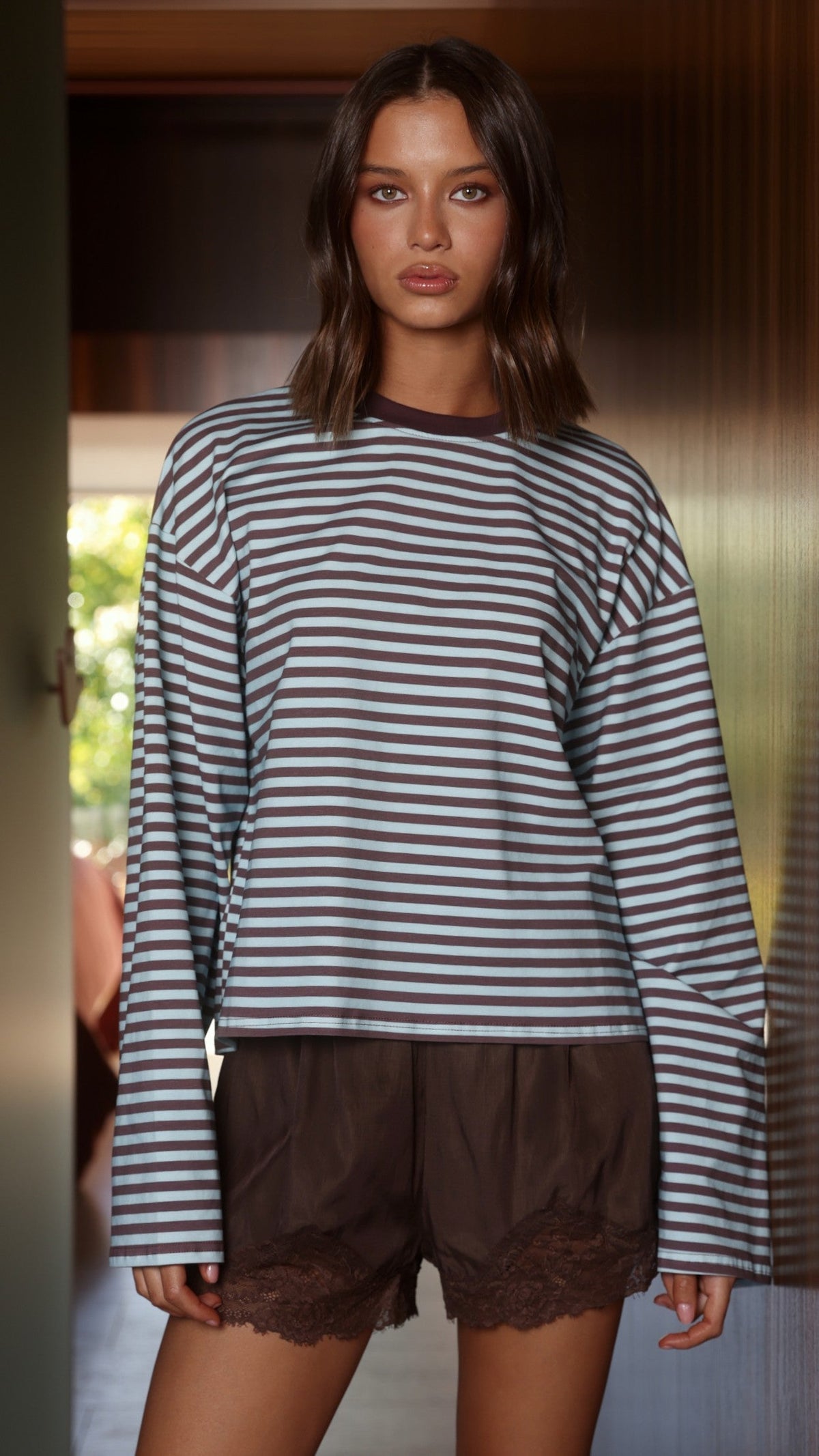 Solana Long Sleeve Top - Blue/Choc Stripe