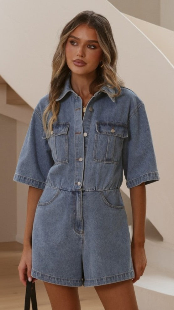 Rayla Denim Playsuit - Mid Blue