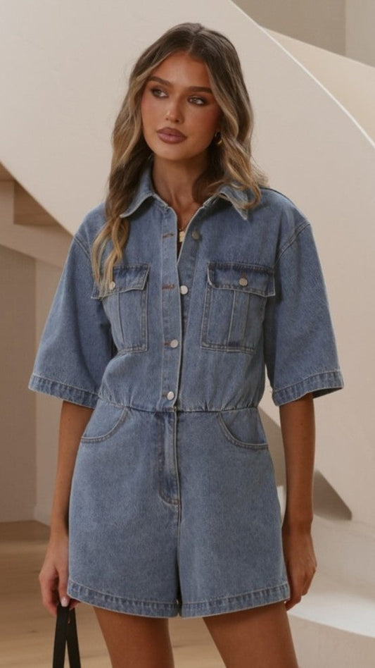 Rayla Denim Playsuit - Mid Blue