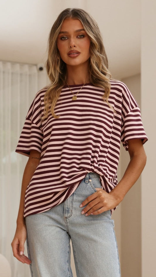 Clara Tee - Burgundy/Pink Stripe