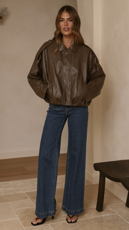 Leela Vegan Leather Bomber Jacket - Brown