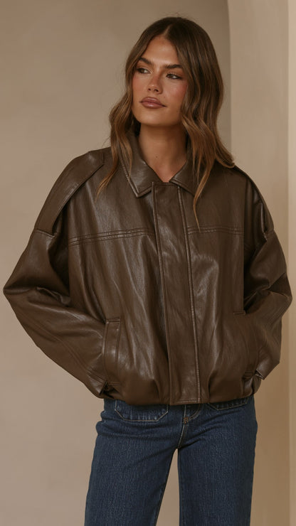 Leela Vegan Leather Bomber Jacket - Brown