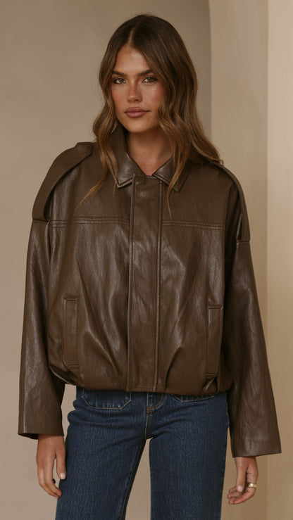 Leela Vegan Leather Bomber Jacket - Brown