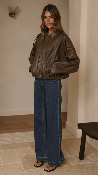 Leela Vegan Leather Bomber Jacket - Brown
