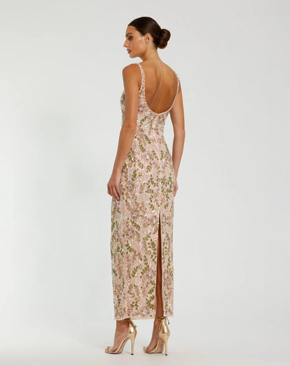 Pink Sleeveless Hand Embellished Floral Maxi Dress