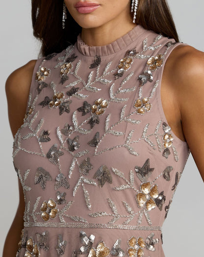Pink Embellished High Neck Sleeveless Midi Dress