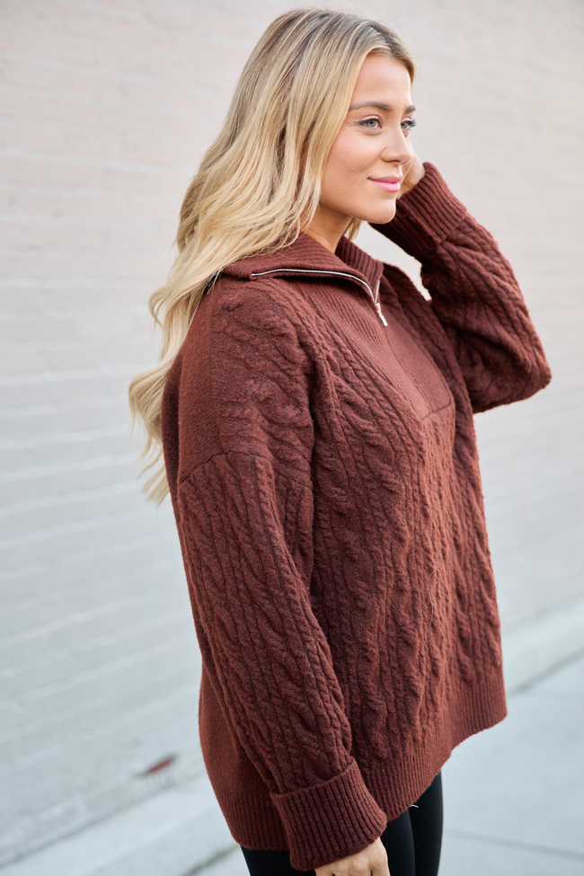 Chismer Brown Cable Knit Zip Up Sweater FINAL SALE