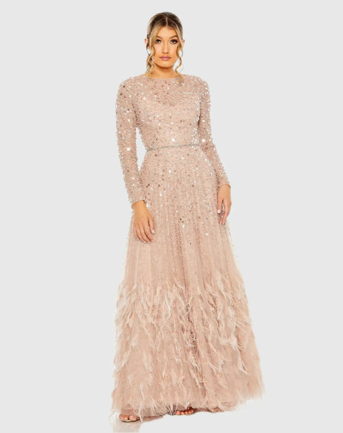 Pink Disc Embellished Sequin Gown with Feather Detail