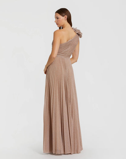Pink Pleated One Shoulder Ruffle Gown