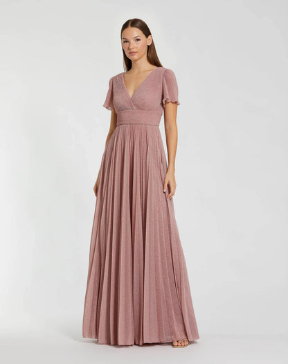 Pleated Metallic Flutter Sleeve A Line Gown