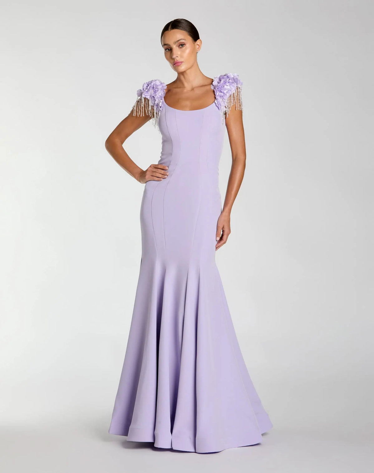 Purple 3D Floral Crystal Fringe Mermaid Gown