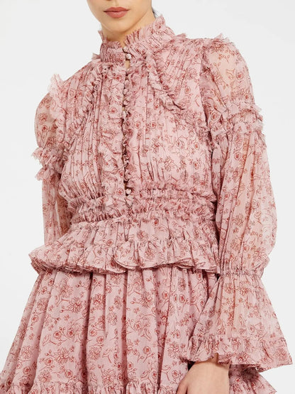 Pink Long Sleeve Mock Neck Ruffle Mini Dress