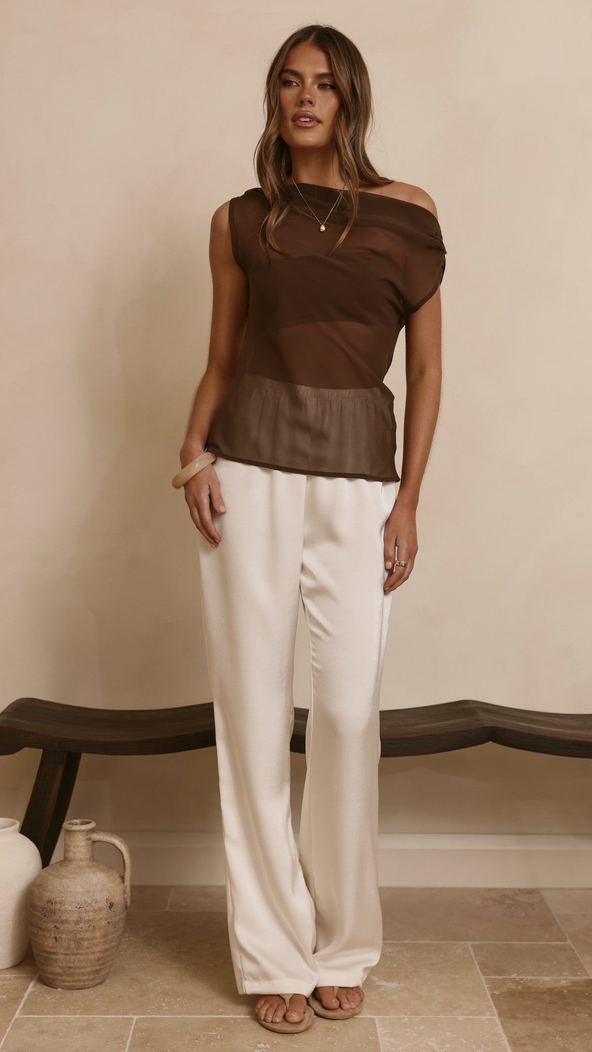 Zabella Sheer Off Shoulder Top - Chocolate