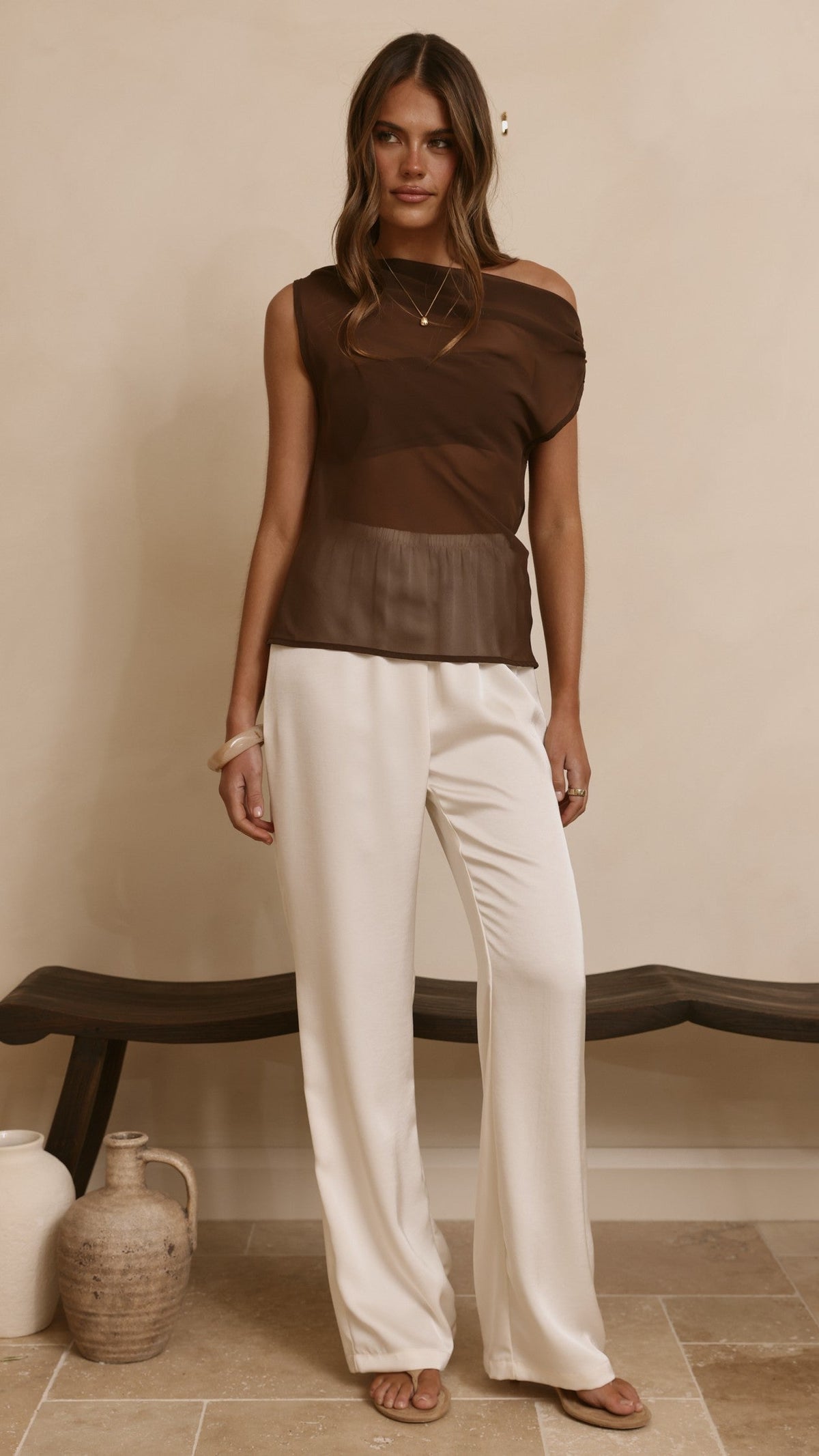 Zabella Sheer Off Shoulder Top - Chocolate
