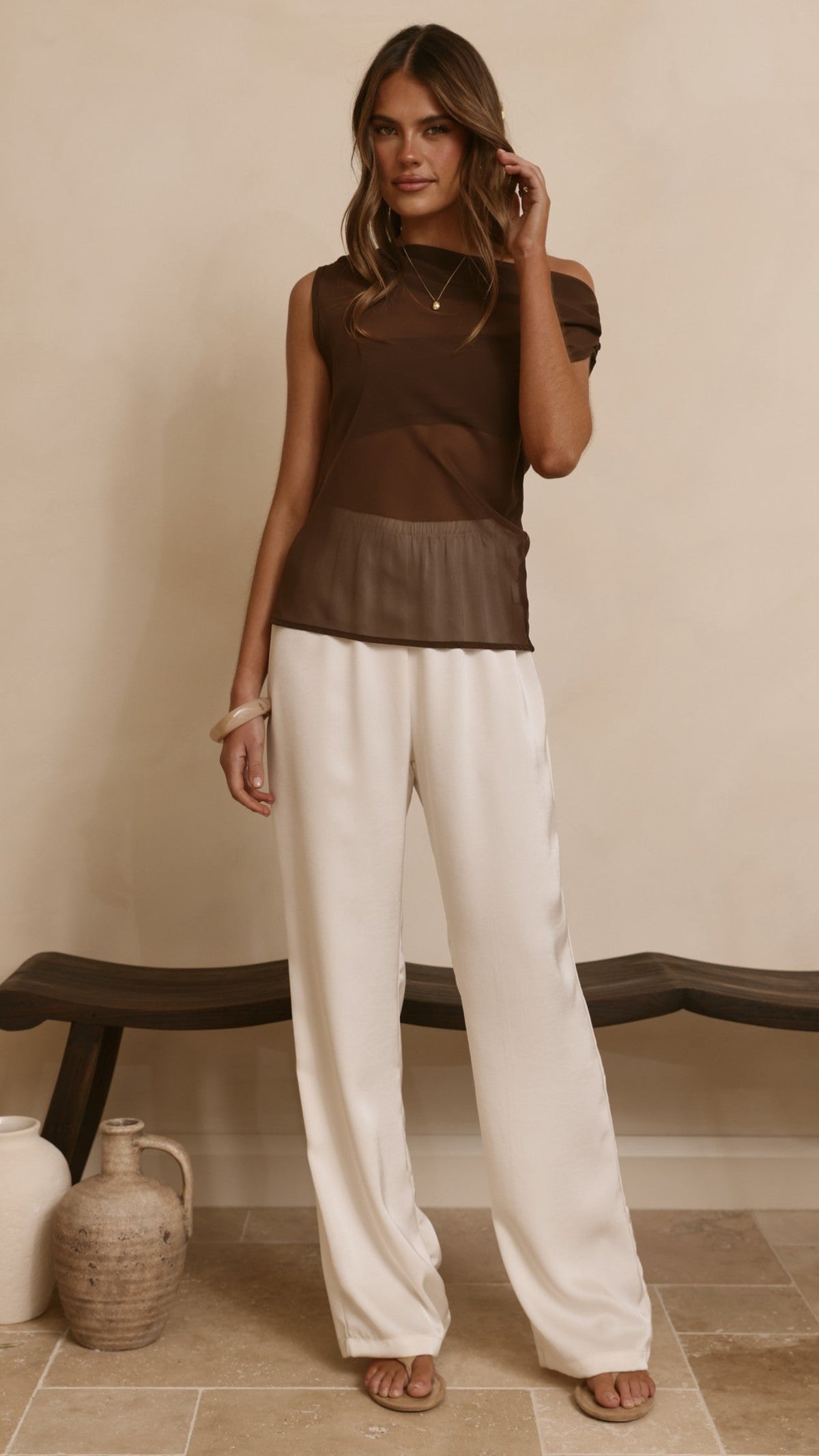 Zabella Sheer Off Shoulder Top - Chocolate