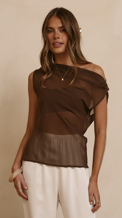 Zabella Sheer Off Shoulder Top - Chocolate
