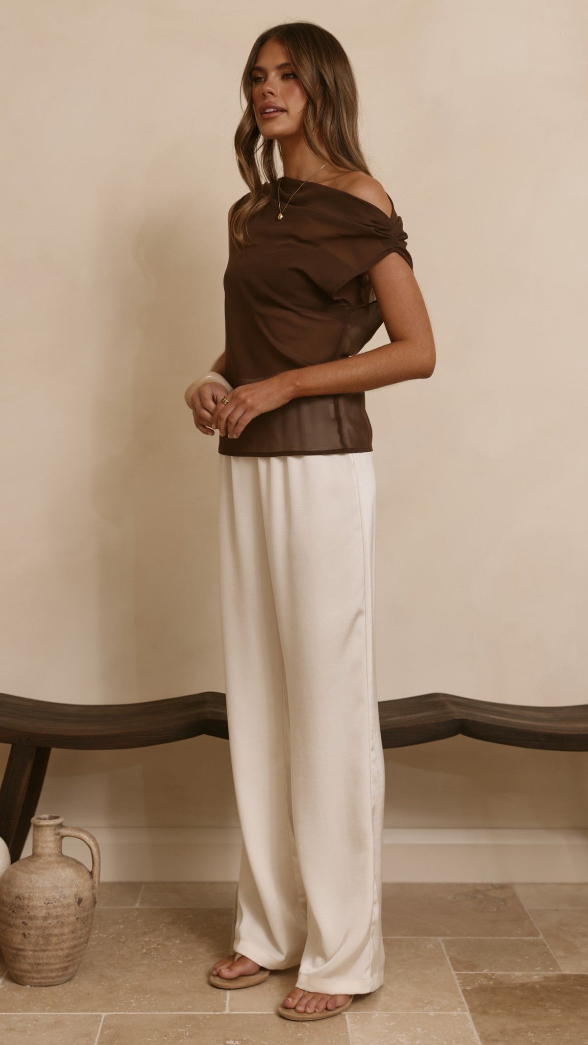 Zabella Sheer Off Shoulder Top - Chocolate