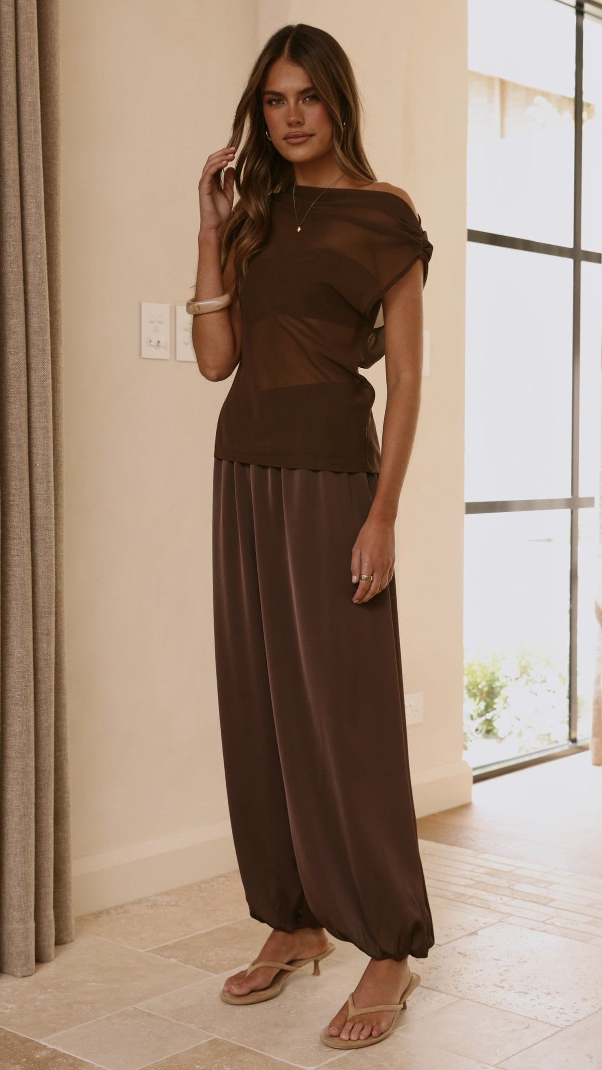 Zabella Sheer Off Shoulder Top - Chocolate