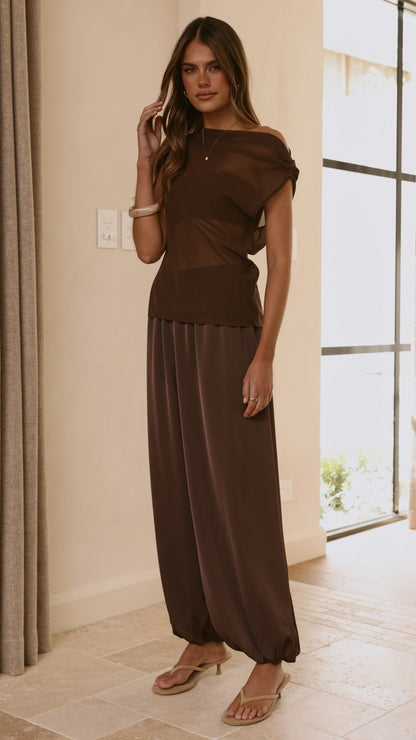Zabella Sheer Off Shoulder Top - Chocolate