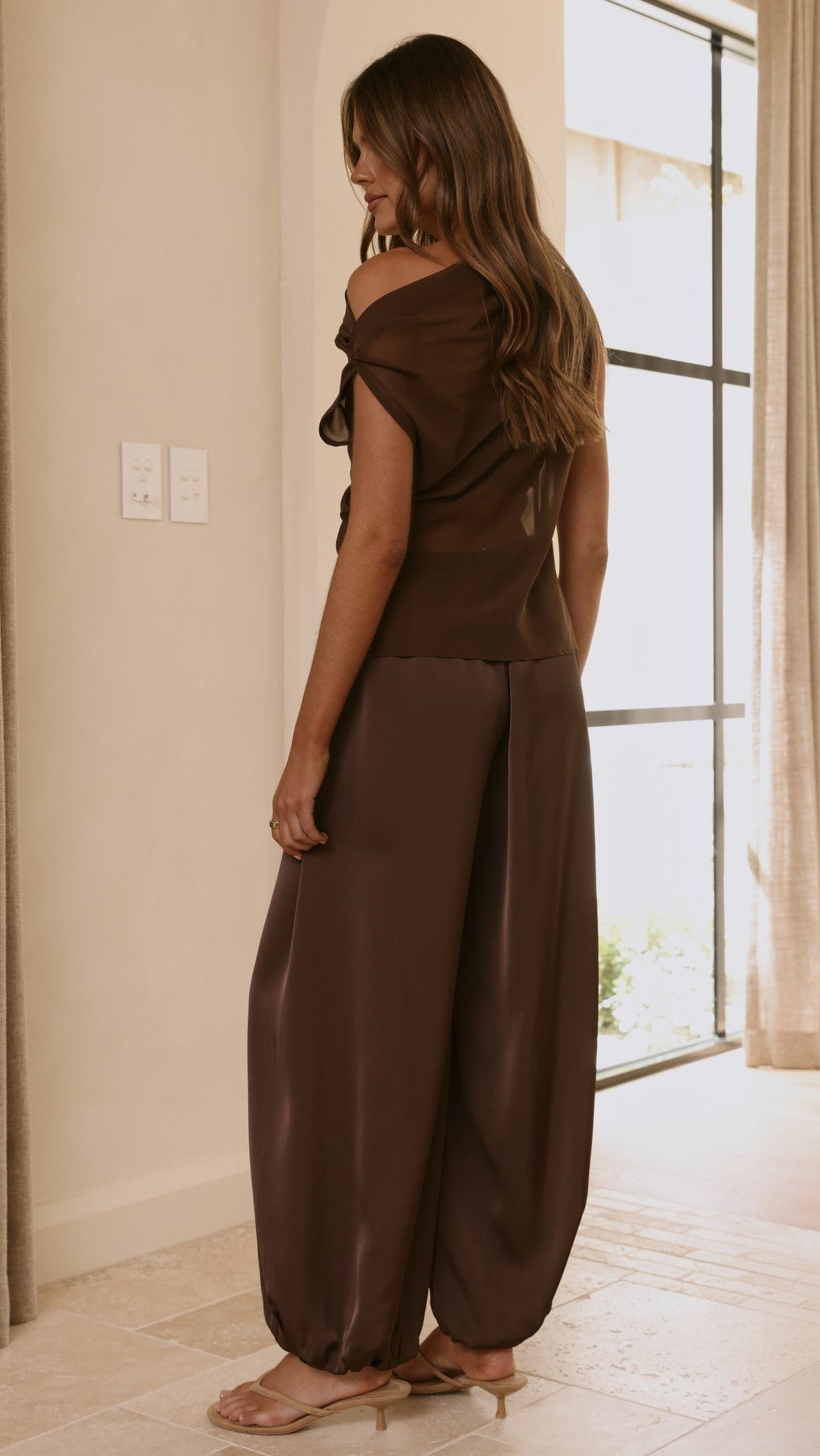 Zabella Sheer Off Shoulder Top - Chocolate
